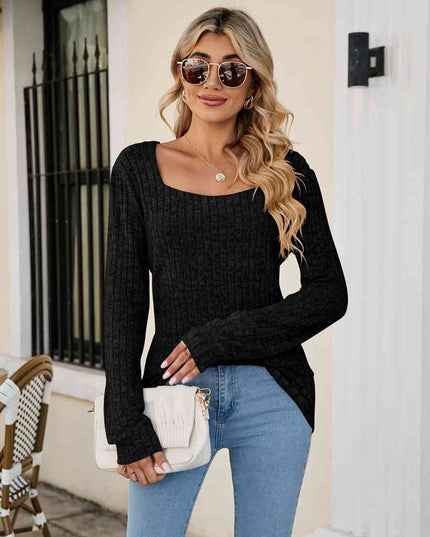 Square Neck Ribbed Long Sleeve T-Shirt