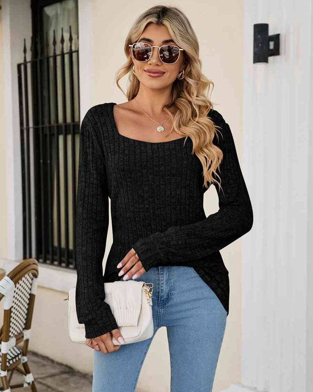 Square Neck Ribbed Long Sleeve T-Shirt
