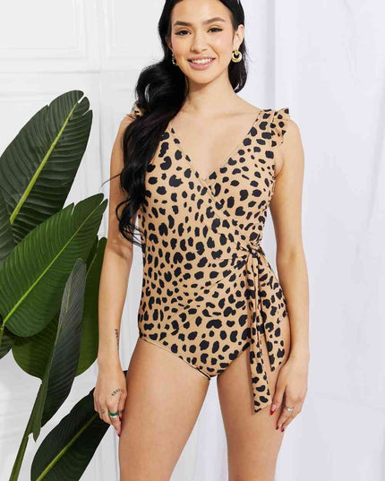 Marina West Swim Full Size Float On Ruffle Faux Wrap One-Piece in Leopard