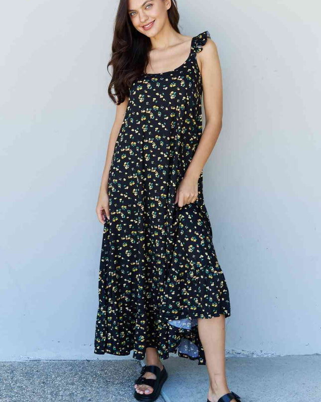 Doublju In The Garden Ruffle Floral Maxi Dress in  Black Yellow Floral
