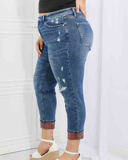 Judy Blue Gina Full Size Mid Rise Paisley Patch Cuff Boyfriend Jeans