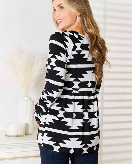 Heimish Full Size Geometric Notched Neck Long Sleeve Top