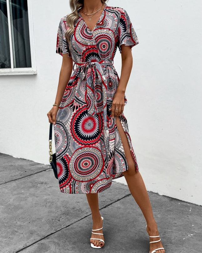 Slit Tied Printed Surplice Dress