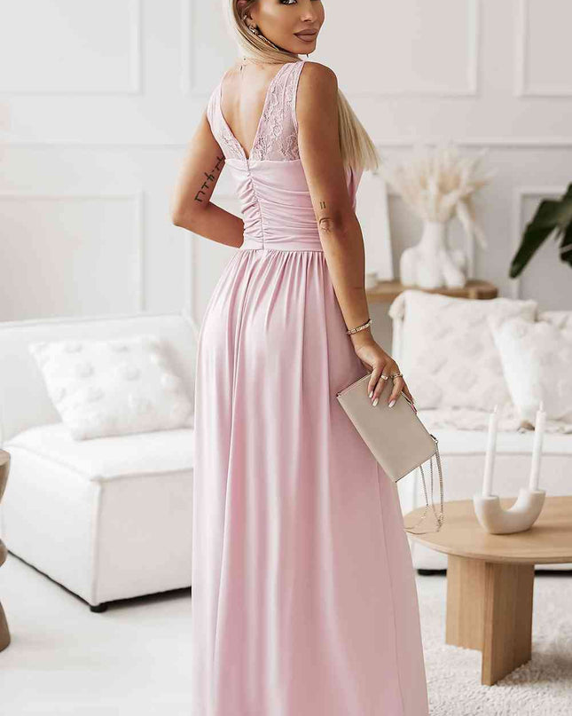 Surplice Neck Spliced Lace Split Maxi Dress