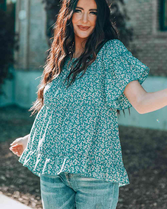 Floral Flare Sleeve Ruffle Hem Top
