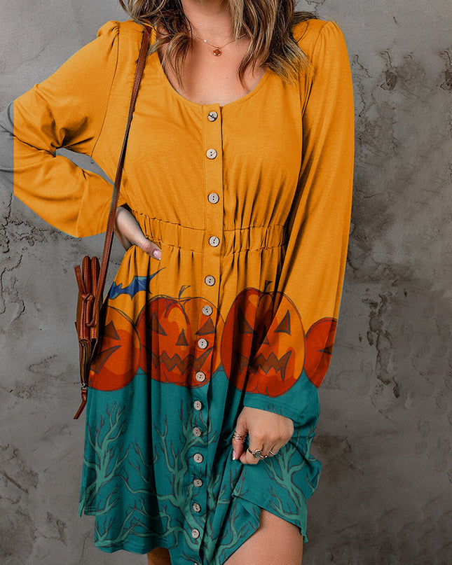 Full Size Halloween Theme Round Neck Puff Sleeve Magic Dress