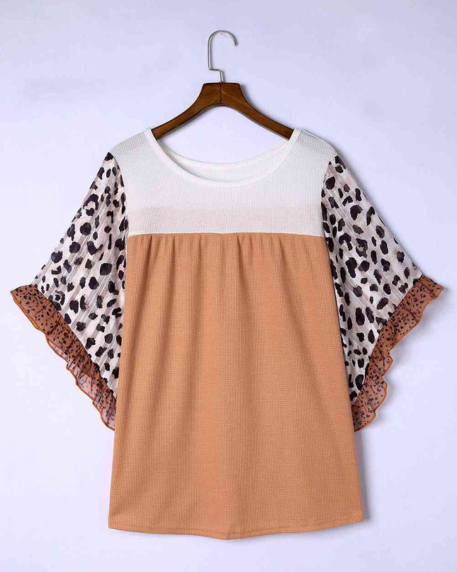 Plus Size Printed Color Block Ruffled Blouse