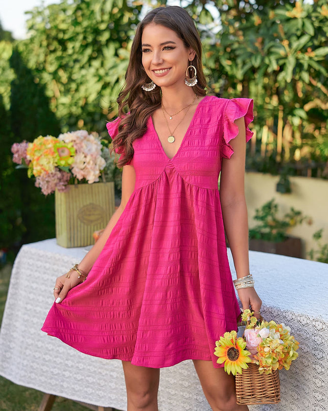 Textured V-Neck Flutter Sleeve Dress