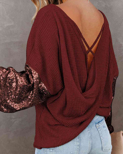 Sequin Waffle-Knit Blouse