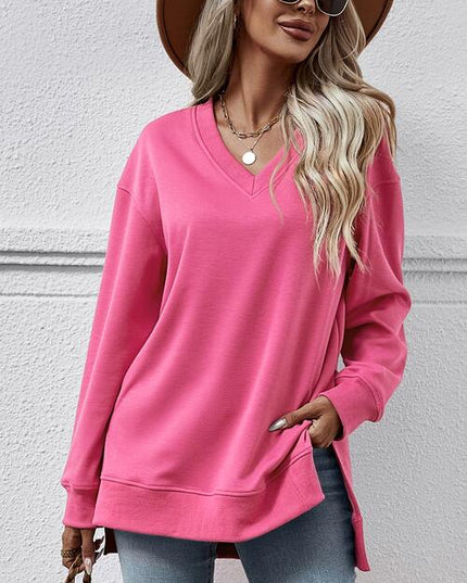 V-Neck Slit Long Sleeve Sweatshirt