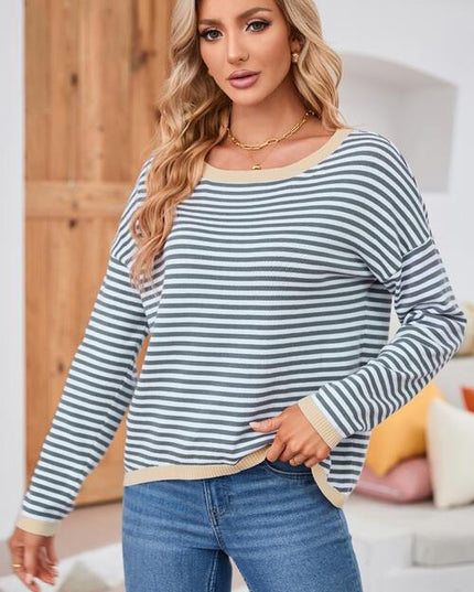 Striped Round Neck Drop Shoulder T-Shirt