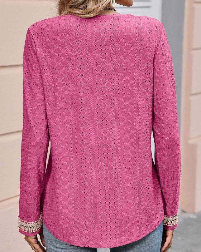 Double Take Contrast V-Neck Eyelet Long Sleeve Top