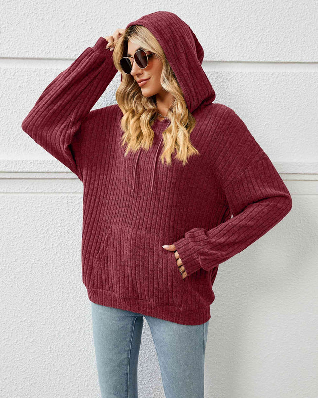 Drawstring Dropped Shoulder Ribbed Hoodie