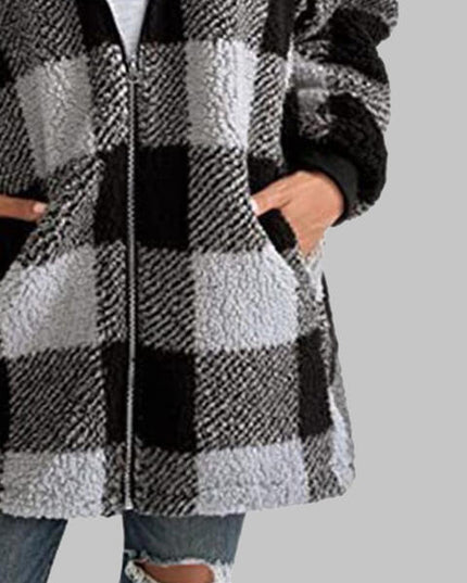 Plaid Zip-Up Hooded Jacket with Pockets