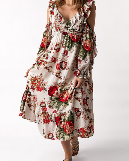 Floral Cold-Shoulder Ruffled Dress