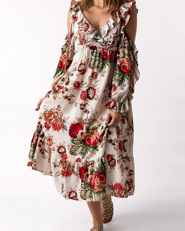 Floral Cold-Shoulder Ruffled Dress