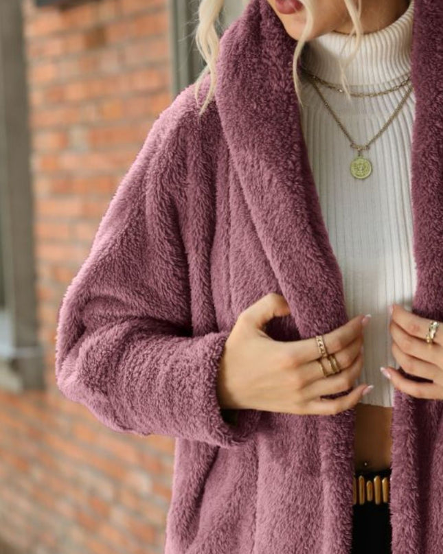 Open Front Hooded Teddy Coat