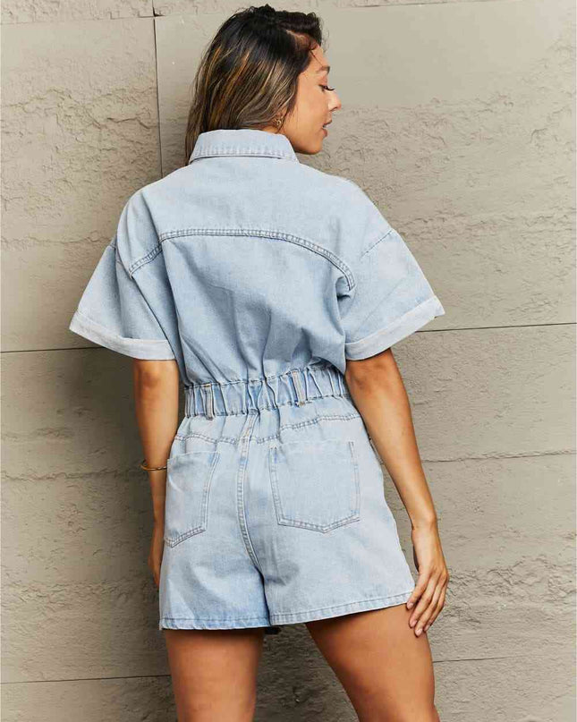 Collared Neck Denim Romper with Pockets