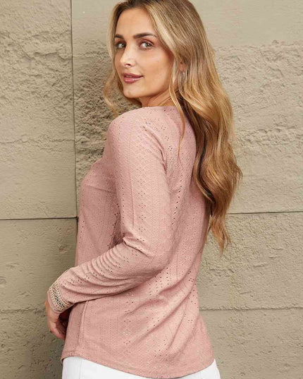 Double Take Contrast V-Neck Eyelet Long Sleeve Top