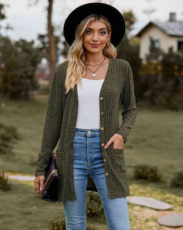 Ribbed Button-Up Cardigan with Pockets