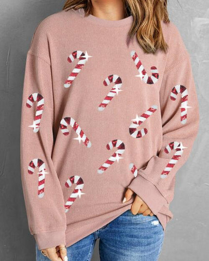 Sequin Candy Cane Round Neck Sweatshirt