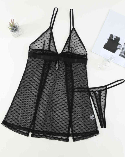 Heart Print Slit Hem Babydoll Lingerie Set with Thong
