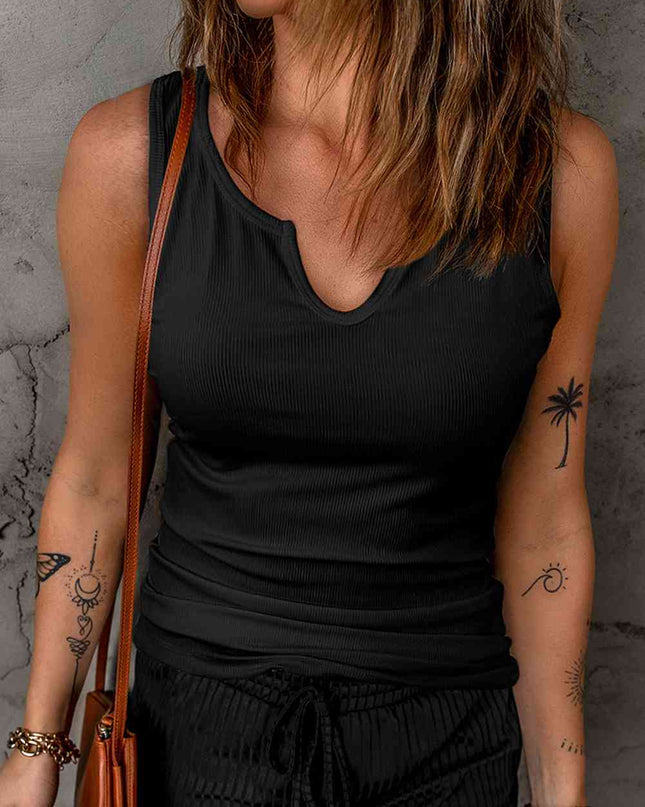 Notched Neck Ribbed Tank Top