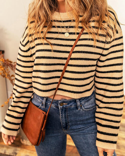 Striped Round Neck Long Sleeve Cropped Sweater