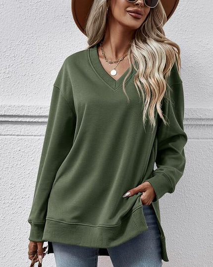 V-Neck Slit Long Sleeve Sweatshirt
