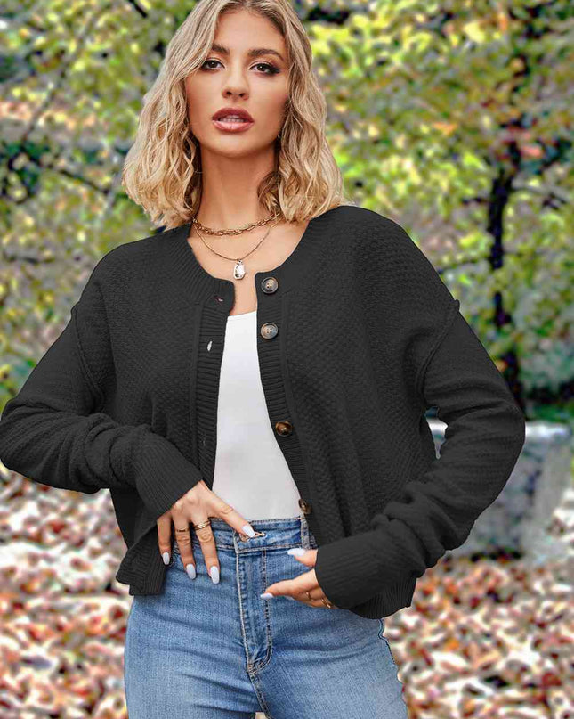 Button Up Round Neck Drop Shoulder Cardigan