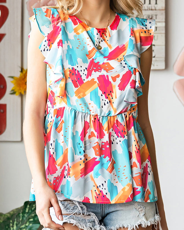 Printed Round Neck Ruffled Peplum Top