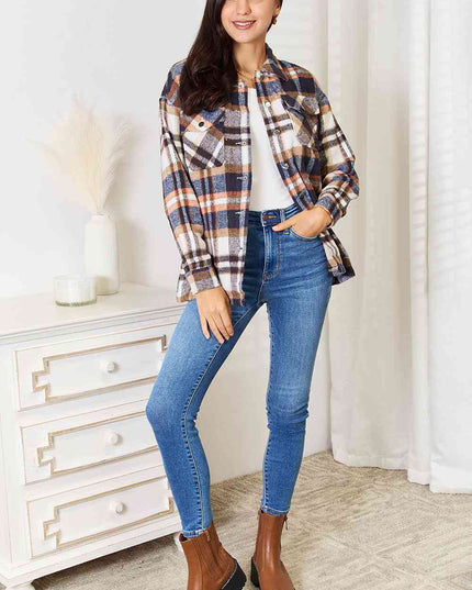 Double Take Plaid Button Front Shirt Jacket with Breast Pockets
