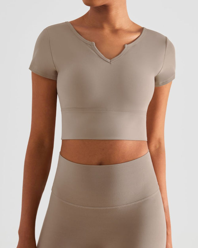 Notched Neck Short Sleeve Cropped Sports Top