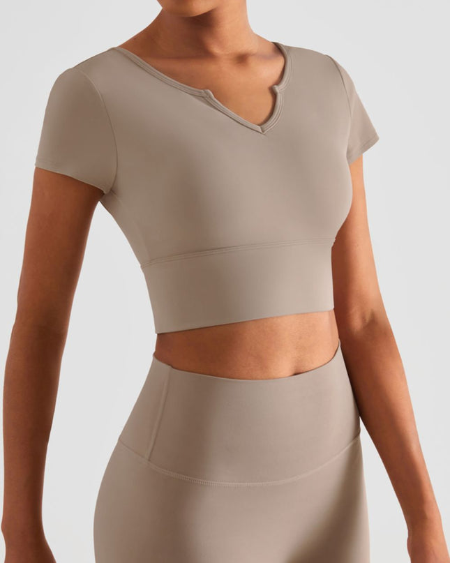 Notched Neck Short Sleeve Cropped Sports Top