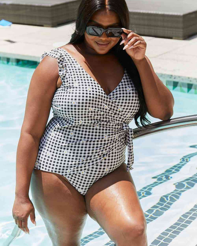Marina West Swim Full Size Float On Ruffle Faux Wrap One-Piece in Black