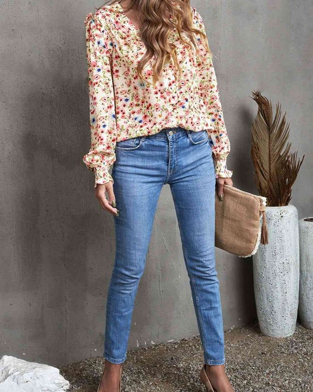 Floral Frill Trim V-Neck Flounce Sleeve Blouse