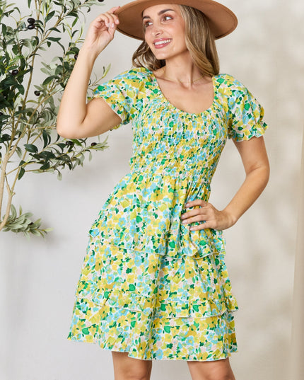Double Take Smocked Scoop Neck Flounce Sleeve Mini Dress