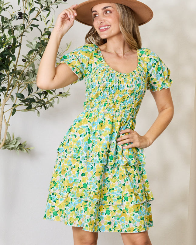 Double Take Smocked Scoop Neck Flounce Sleeve Mini Dress
