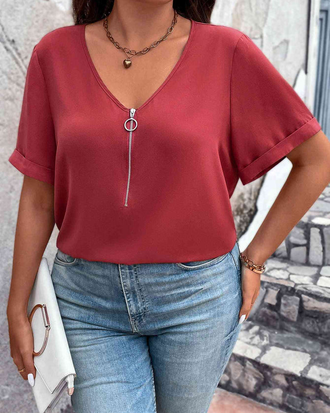 Plus Size V-Neck Short Sleeve Blouse with Zipper
