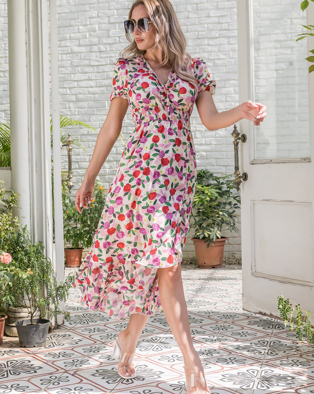 Floral Frill Trim Surplice Ruffle Hem Dress