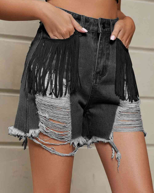 Fringe Trim Distressed Denim Shorts with Pockets