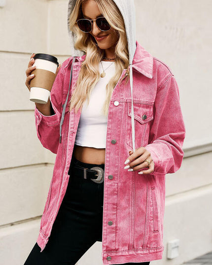 Drawstring Button Up Hooded Denim Jacket