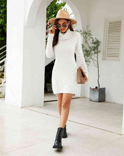 Turtleneck Long Sleeve Slit Sweater Dress