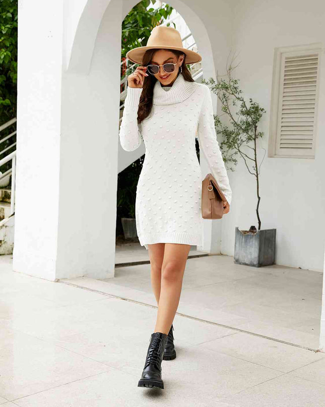 Turtleneck Long Sleeve Slit Sweater Dress