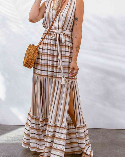 Striped Tie Waist Slit Sleeveless Dress