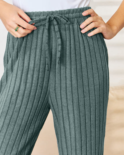 Basic Bae Full Size Ribbed Drawstring Hood Top and Straight Pants Set