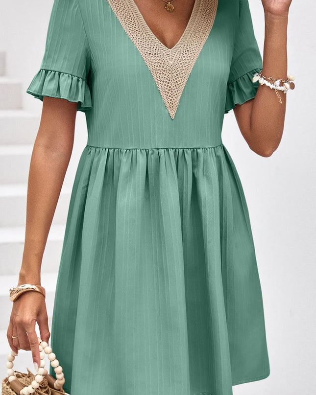 V-Neck Flounce Sleeve A-Line Dress