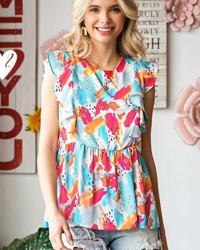 Printed Round Neck Ruffled Peplum Top