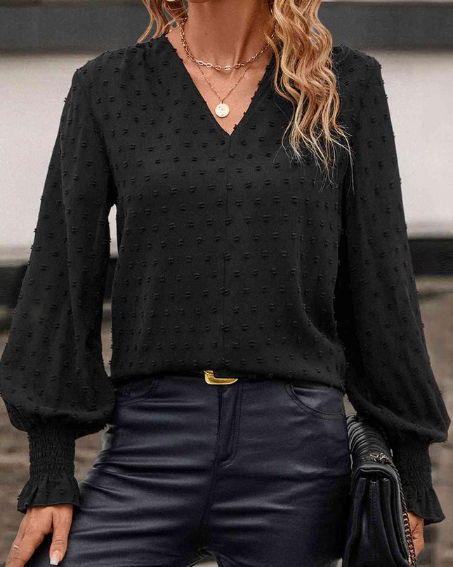 Swiss Dot V-NecK Lantern Sleeve Blouse