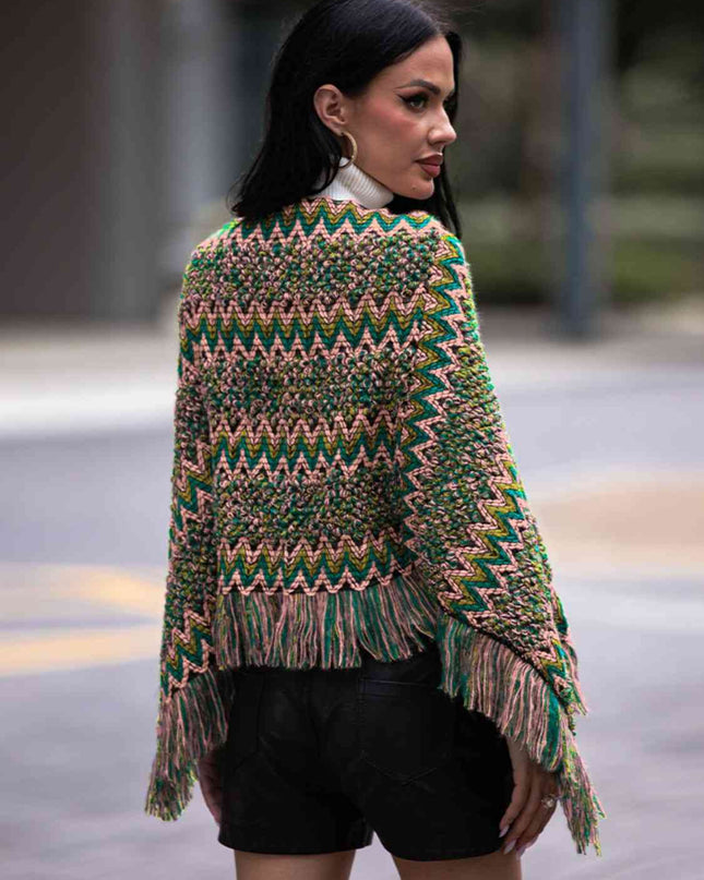 Fringe Hem Boat Neck Poncho